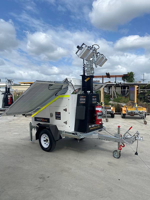 Trafquip solar powered mobile lighting tower hire for remote and off-grid construction sites